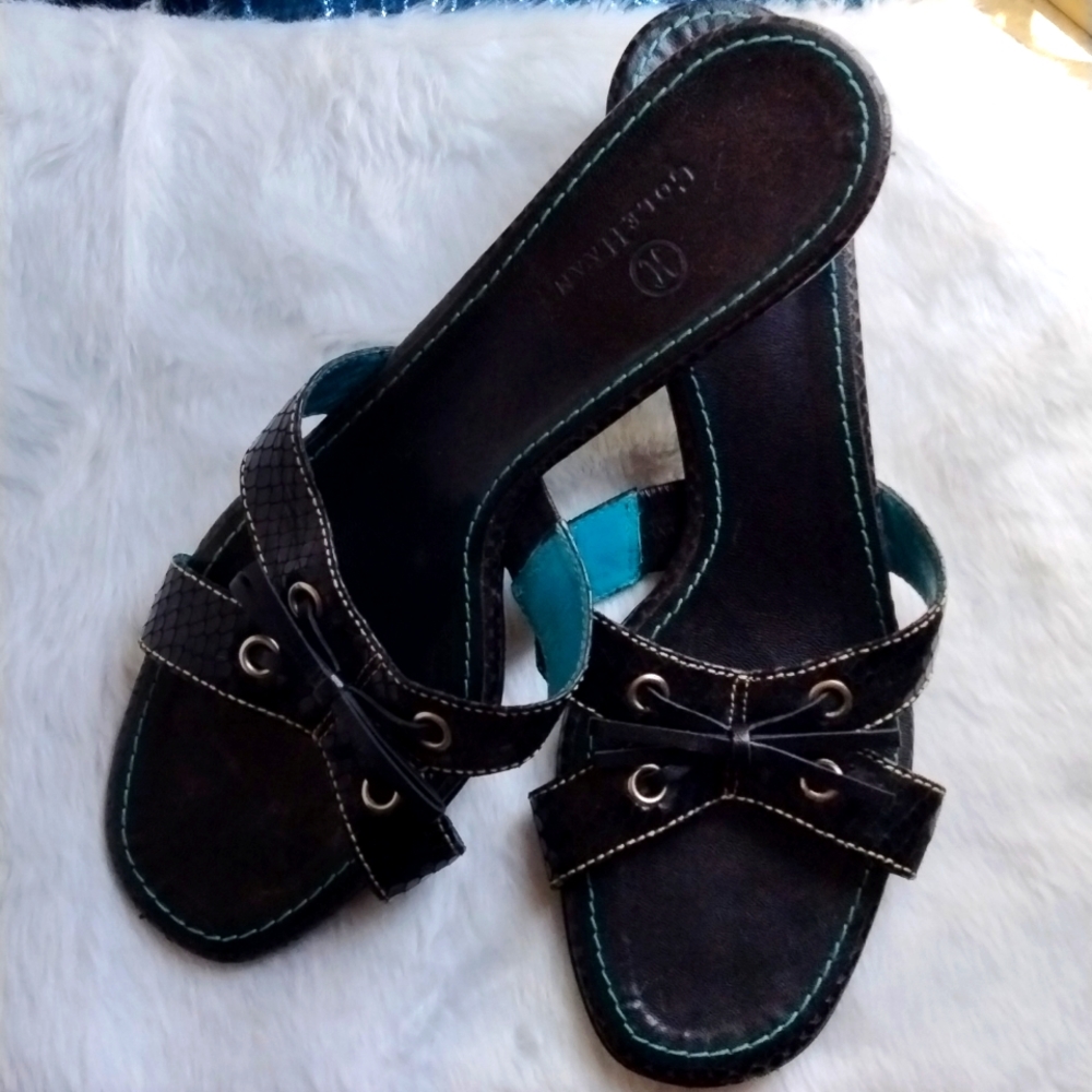 🏖️Black and turquoise Cole Haan kitten heels. Size 10. With a snake skin print